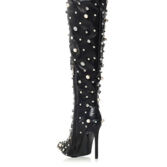 Black Pearl-Embellished Over the Knee Boots - Picture 4 of 6